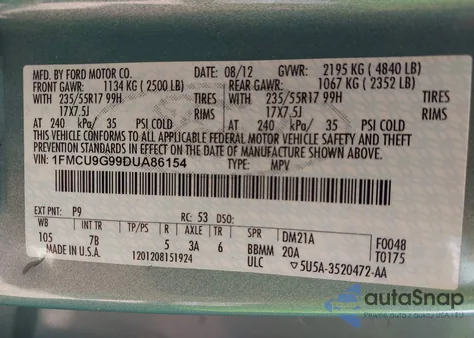 2013 Ford Escape Se из США, поврежденный, VIN 1FMCU9G99DUA86154